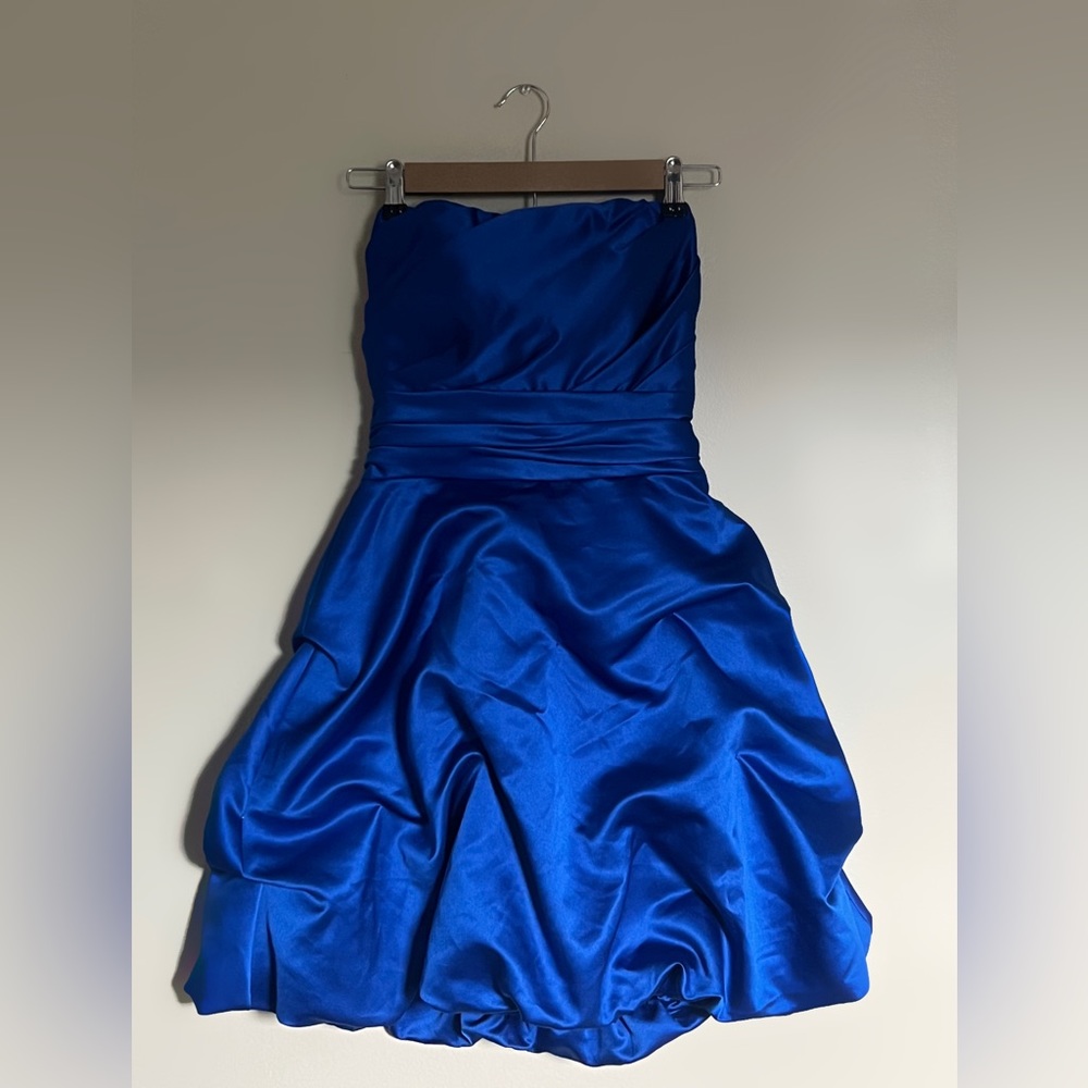 David’s Bridal blue strapless satin ruffle dress